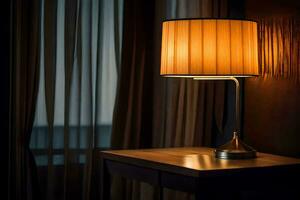 a lamp is on a table in front of curtains. AI-Generated photo