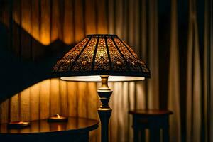 a lamp on a table in a dark room. AI-Generated photo