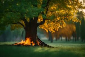 a tree with flames coming out of it in the middle of a field. AI-Generated photo