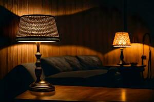 a lamp on a table in front of a couch. AI-Generated photo