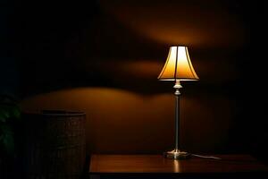 a lamp on a table in the dark. AI-Generated photo