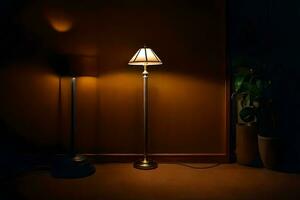 un lámpara y un planta en un oscuro habitación. generado por ai foto