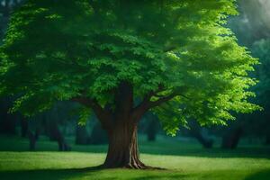 a tree is shown in the middle of a green field. AI-Generated photo