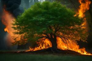 a tree is burning in the middle of a field. AI-Generated photo