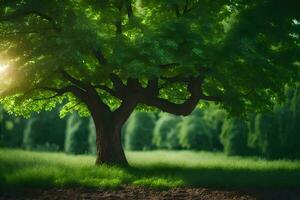 a tree in the middle of a field. AI-Generated photo