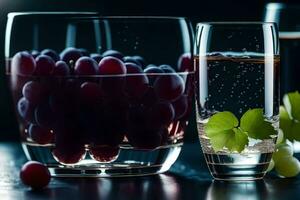 grapes and water in glasses on a table. AI-Generated photo