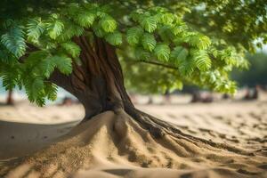 un árbol creciente fuera de el arena en un playa. generado por ai foto