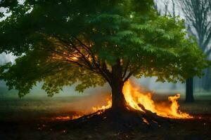 a tree with flames coming out of it in the middle of the forest. AI-Generated photo