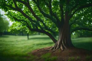 a tree with roots in the grass. AI-Generated photo