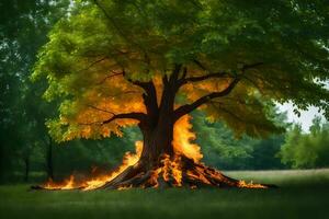 a tree with flames coming out of it in the middle of a field. AI-Generated photo