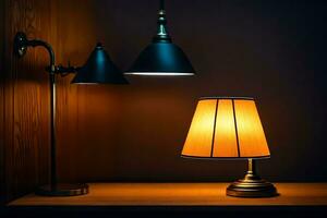 a lamp and a table lamp on a wooden table. AI-Generated photo