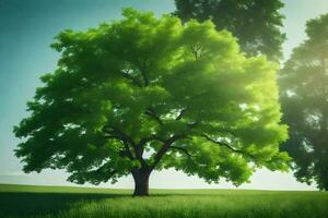 un árbol en un campo con el Dom brillante mediante él. generado por ai foto