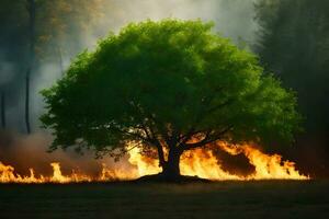 un árbol es ardiente en el medio de un campo. generado por ai foto