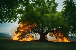 a tree is burning in the middle of a field. AI-Generated photo