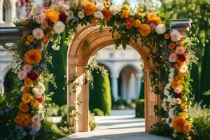 an archway with flowers and greenery. AI-Generated photo