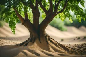 un árbol con raíces en el arena. generado por ai foto