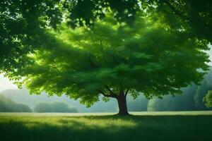 un árbol en el medio de un verde campo. generado por ai foto