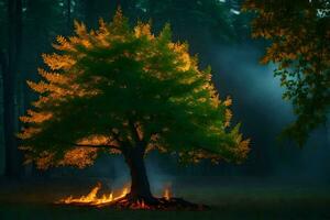 a tree with flames in the middle of a forest. AI-Generated photo