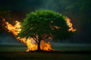 un ardiente árbol en el medio de un campo. generado por ai foto