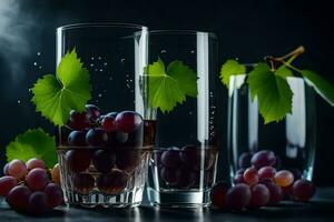 two glasses with grapes and leaves on a dark background. AI-Generated photo