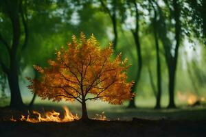 a single tree in the middle of a forest with flames. AI-Generated photo