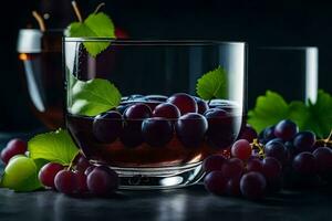 grapes and wine in a glass. AI-Generated photo