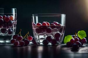 two glasses filled with grapes on a dark table. AI-Generated photo