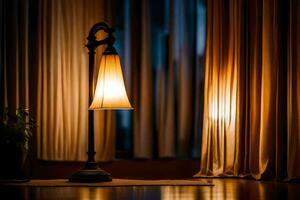 a lamp is sitting on a table in front of curtains. AI-Generated photo