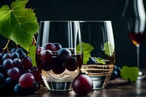 two glasses with grapes and a glass of wine. AI-Generated photo