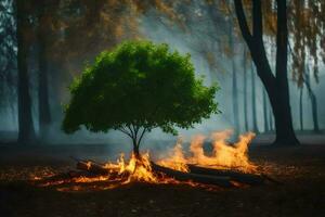 a tree is standing in the middle of a forest with fire. AI-Generated photo