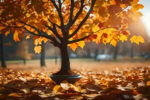 a tree in a pot on the ground surrounded by autumn leaves. AI-Generated photo