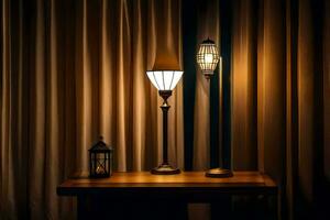 two lamps on a table in front of a curtain. AI-Generated photo