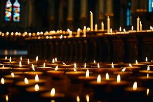 many candles are lit in a church. AI-Generated photo