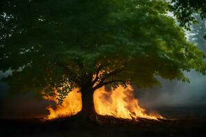 a tree with flames coming out of it. AI-Generated photo