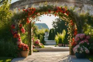 a garden archway with flowers and plants. AI-Generated photo