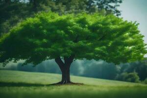 un árbol es mostrado en un campo con verde hojas. generado por ai foto