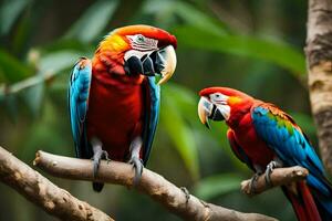 two colorful parrots sitting on a branch. AI-Generated photo