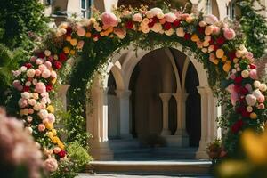 a wedding arch decorated with flowers and greenery. AI-Generated photo