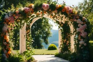 an archway decorated with flowers and greenery. AI-Generated photo