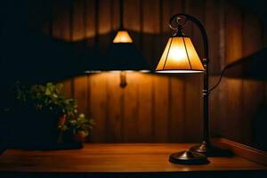 a lamp is on a table in the dark. AI-Generated photo