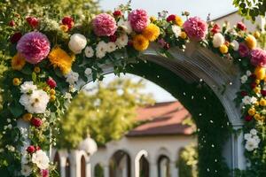 un Boda arco decorado con flores generado por ai foto