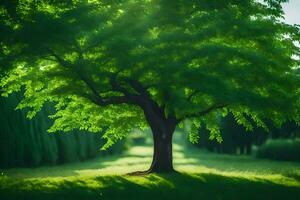 a tree is standing in the middle of a green field. AI-Generated photo