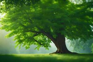 a large tree in the middle of a green field. AI-Generated photo