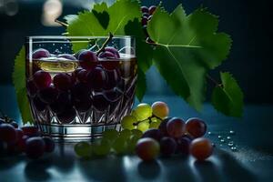 un vaso de vino con uvas en un mesa. generado por ai foto