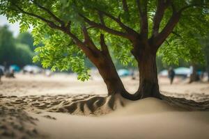 a tree is growing out of the sand in the middle of a beach. AI-Generated photo