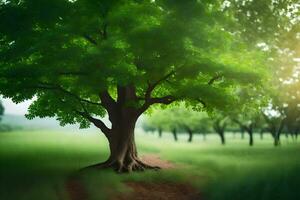 un árbol es en pie en el medio de un campo. generado por ai foto