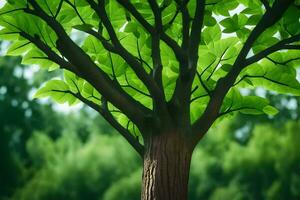 a tree with green leaves and a green background. AI-Generated photo