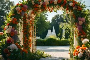 an archway with flowers and greenery. AI-Generated photo