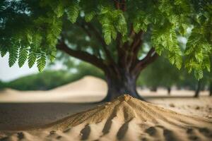 a tree in the desert with sand and trees. AI-Generated photo