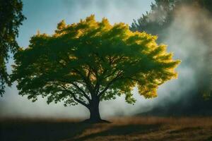 a tree in the fog with a yellow leaf. AI-Generated photo